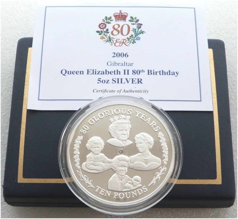 2006 Gibraltar Queen's 80th Birthday £10 Silver Proof 5oz Coin Box Coa