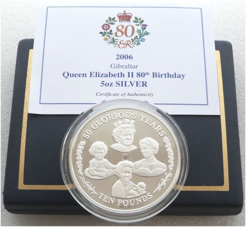 2006 Gibraltar Queen's 80th Birthday £10 Silver Proof 5oz Coin Box Coa
