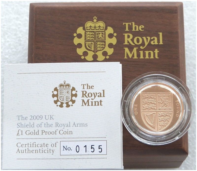 2009 Royal Shield of Arms £1 Gold Proof Coin Box Coa 2009 Royal Shield of Arms £1 Gold Proof Coin Box Coa