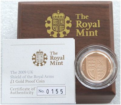 2009 Royal Shield of Arms £1 Gold Proof Coin Box Coa 2009 Royal Shield of Arms £1 Gold Proof Coin Box Coa