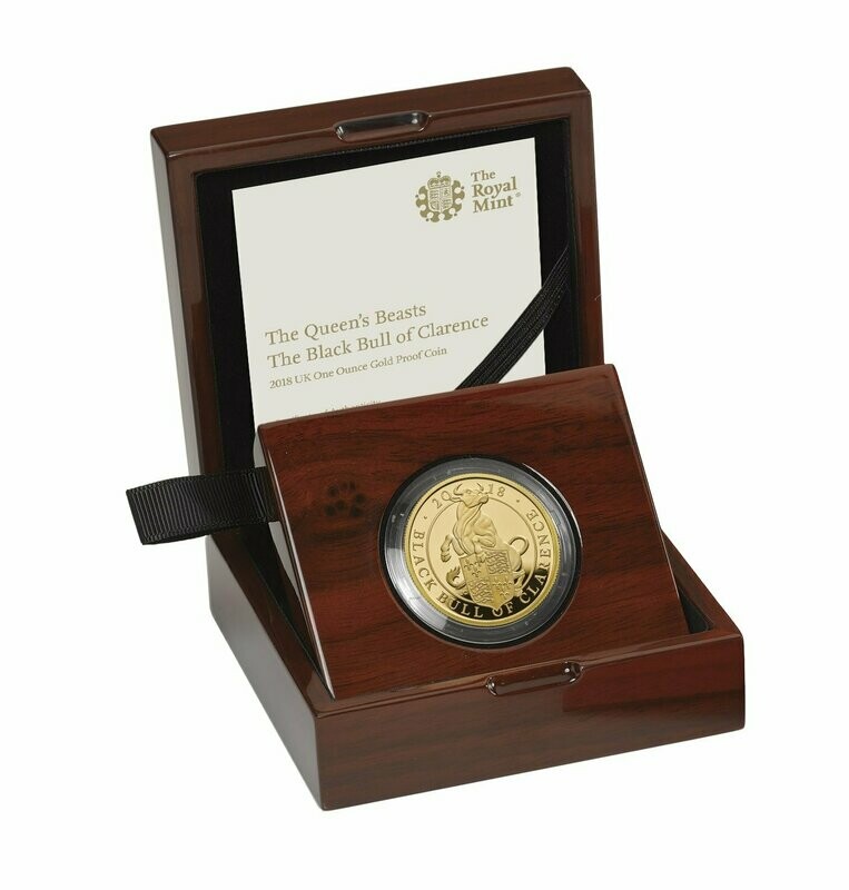 2018 Queen's Beasts Black Bull of Clarence £100 Gold Proof 1oz Coin Box Coa