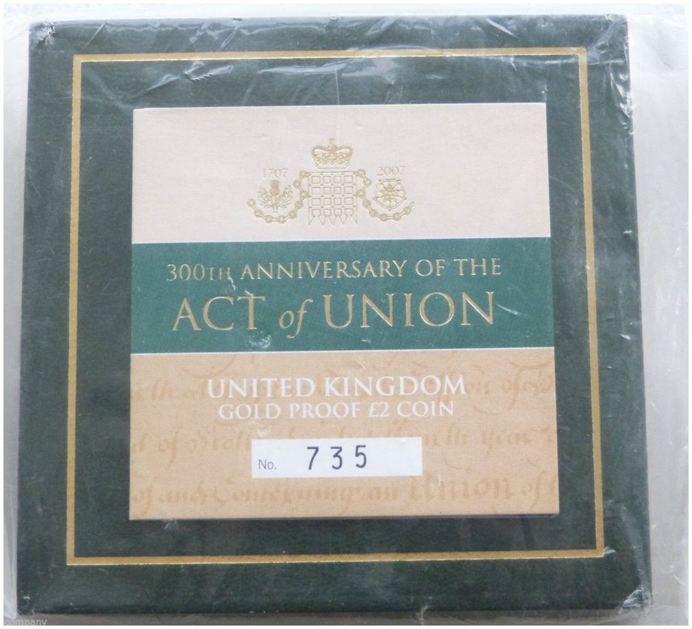 2007 Act of Union £2 Gold Proof Coin Box Coa Sealed 2007 Act of Union £2 Gold Proof Coin Box Coa Sealed