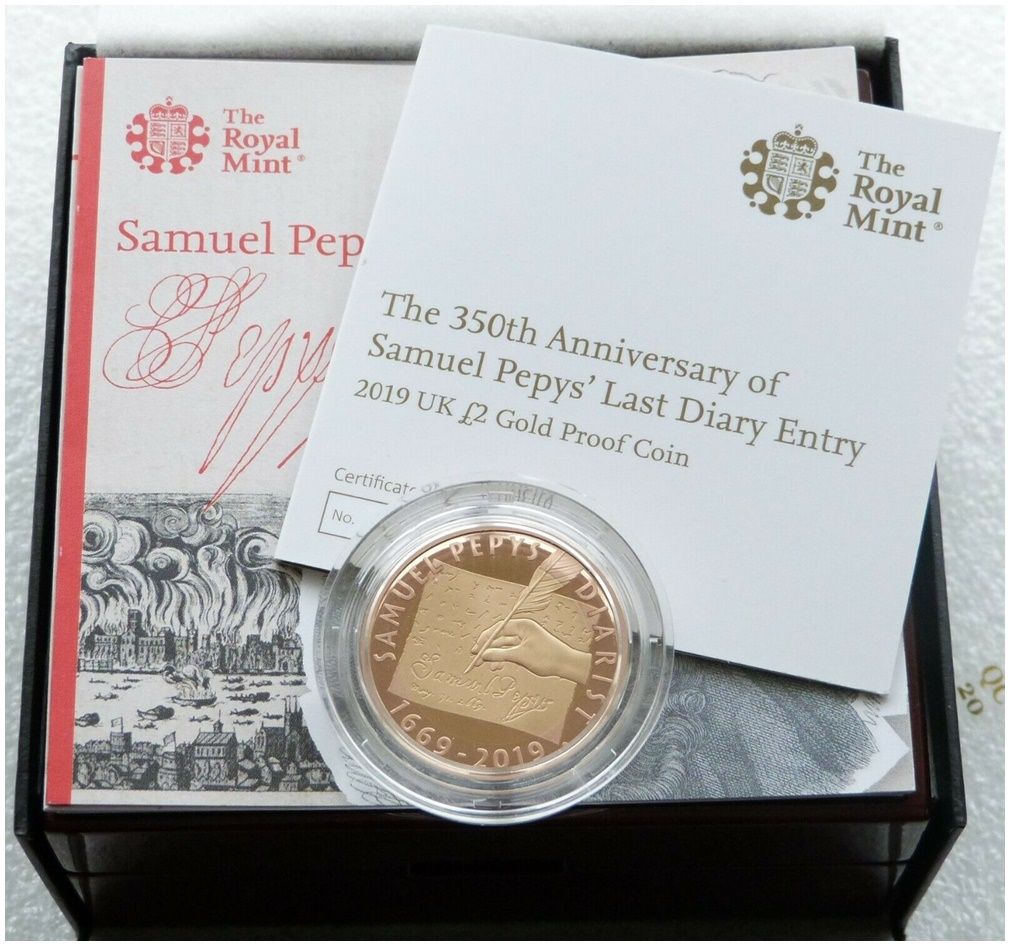 2019 Samuel Pepys £2 Gold Proof Coin Box Coa - Mintage 138 2019 Samuel Pepys £2 Gold Proof Coin Box Coa - Mintage 138