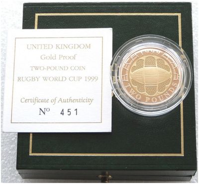 1999 Rugby World Cup £2 Gold Proof Coin Box Coa 1999 Rugby World Cup £2 Gold Proof Coin Box Coa