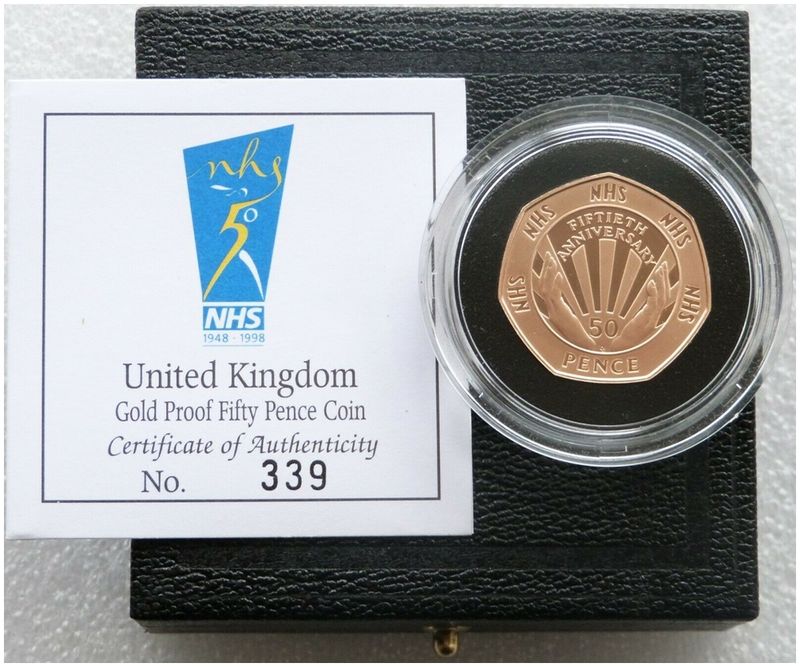 1998 National Health Service NHS 50p Gold Proof Coin Box Coa