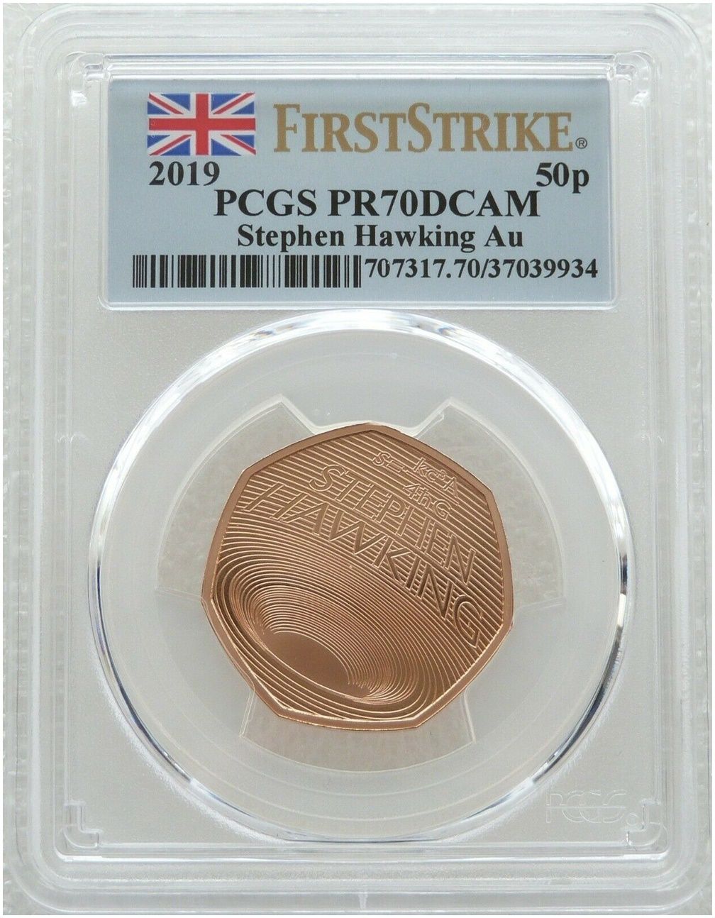 2019 Stephen Hawking 50p Gold Proof Coin PCGS PR70 DCAM First Strike 2019 Stephen Hawking 50p Gold Proof Coin PCGS PR70 DCAM First Strike