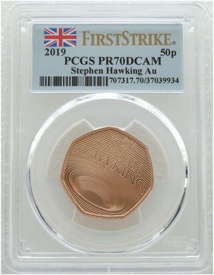 2019 Stephen Hawking 50p Gold Proof Coin PCGS PR70 DCAM First Strike 2019 Stephen Hawking 50p Gold Proof Coin PCGS PR70 DCAM First Strike