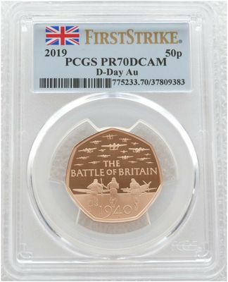 2019 Battle of Britain 50p Gold Proof Coin PCGS PR70 DCAM First Strike 2019 Battle of Britain 50p Gold Proof Coin PCGS PR70 DCAM First Strike