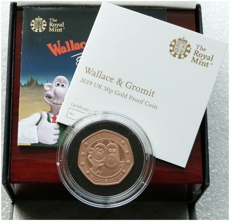 2019 Wallace and Gromit 50p Gold Proof Coin Box Coa