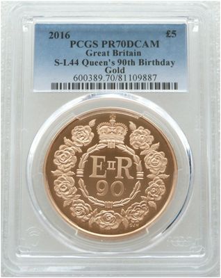 2016 Queen's 90th Birthday £5 Five Pound Gold Proof Coin PCGS PR70 DCAM