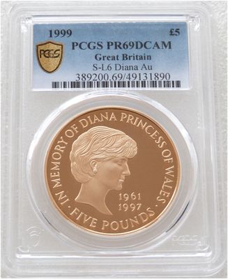 1999 Lady Diana Memorial £5 Five Pound Gold Proof Coin PCGS PR69 DCAM
