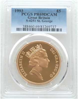1993 St George and the Dragon £5 Five Pound Sovereign Gold Proof Coin PCGS PR69 DCAM 1993 St George and the Dragon £5 Five Pound Sovereign Gold Proof Coin PCGS PR69 DCAM