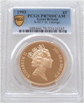1993 St George and the Dragon £5 Five Pound Sovereign Gold Proof Coin PCGS PR70 DCAM 1993 St George and the Dragon £5 Five Pound Sovereign Gold Proof Coin PCGS PR70 DCAM