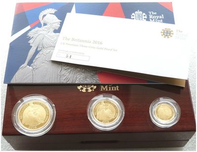 2016 Britannia Premium Gold Proof 3 Coin Set Box Coa - Mintage 69 2016 Britannia Premium Gold Proof 3 Coin Set Box Coa - Mintage 69