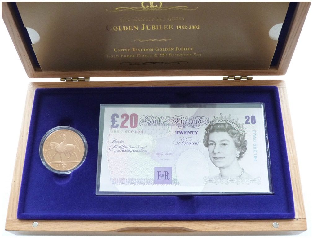 2002 Golden Jubilee £5 Five Pound Gold Proof Coin £20 Twenty Pound Banknote Set