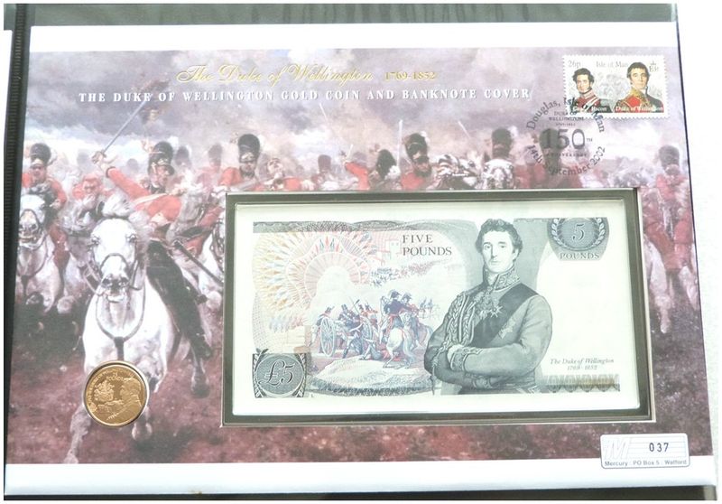 2002 Alderney Duke of Wellington £25 Gold Proof Coin £5 Five Pound Banknote First Day Cover 2002 Alderney Duke of Wellington £25 Gold Proof Coin £5 Five Pound Banknote First Day Cover