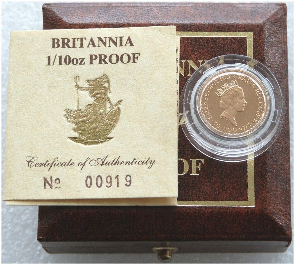 1987 Britannia £10 Gold Proof 1/10oz Coin Box Coa