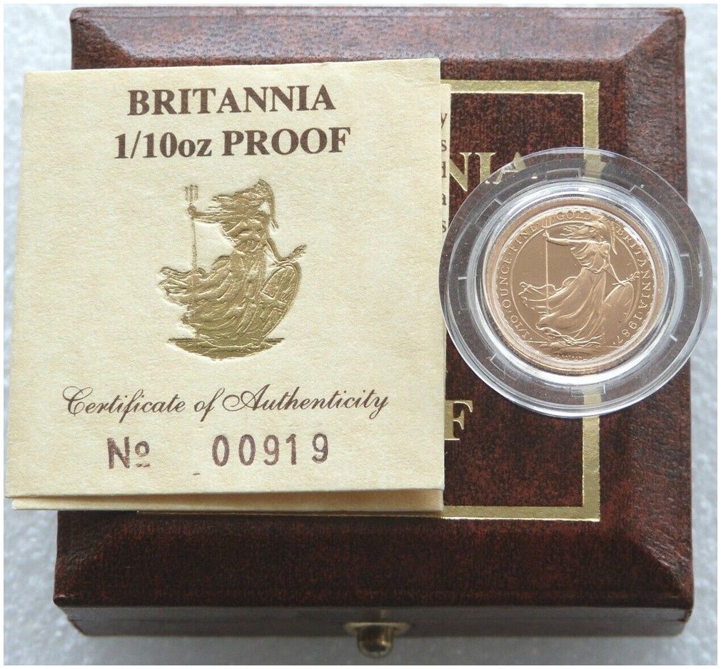 1987 Britannia £10 Gold Proof 1/10oz Coin Box Coa 1987 Britannia £10 Gold Proof 1/10oz Coin Box Coa