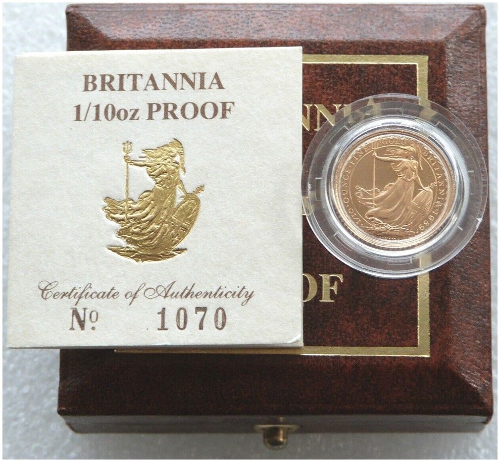 1989 Britannia £10 Gold Proof 1/10oz Coin Box Coa 1989 Britannia £10 Gold Proof 1/10oz Coin Box Coa
