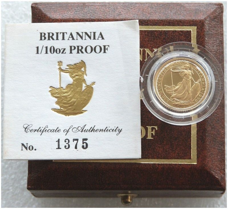 1990 Britannia £10 Gold Proof 1/10oz Coin Box Coa 1990 Britannia £10 Gold Proof 1/10oz Coin Box Coa