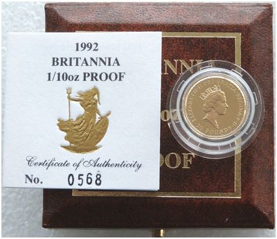 1992 Britannia £10 Gold Proof 1/10oz Coin Box Coa