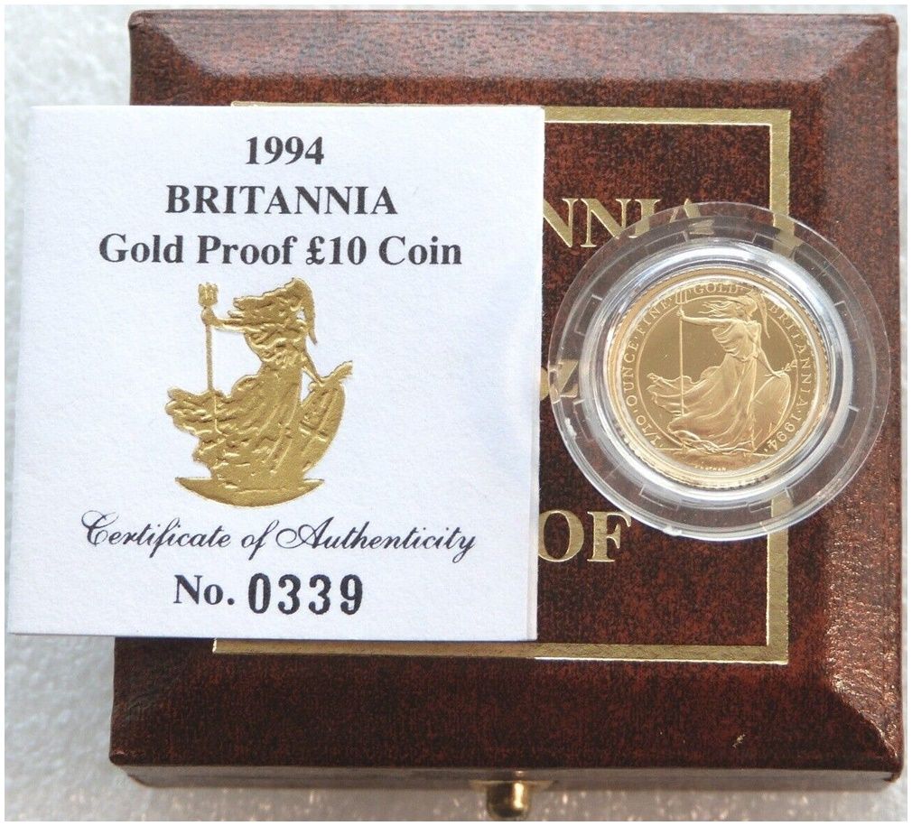 1994 Britannia £10 Gold Proof 1/10oz Coin Box Coa 1994 Britannia £10 Gold Proof 1/10oz Coin Box Coa