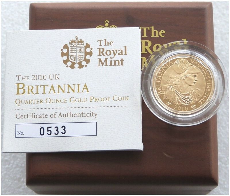 2010 Britannia £25 Gold Proof 1/4oz Coin Box Coa - Mintage 617