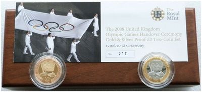 2008 Olympic Games Handover Ceremony £2 Gold Silver Proof 2 Coin Set Box Coa 2008 Olympic Games Handover Ceremony £2 Gold Silver Proof 2 Coin Set Box Coa