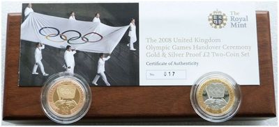 2008 Olympic Games Handover Ceremony £2 Gold Silver Proof 2 Coin Set Box Coa 2008 Olympic Games Handover Ceremony £2 Gold Silver Proof 2 Coin Set Box Coa