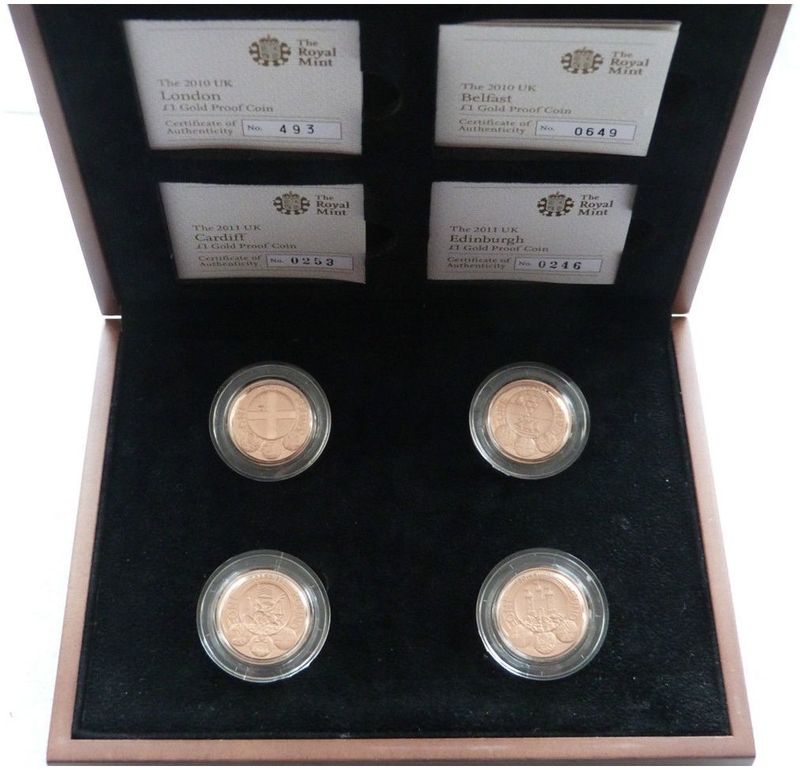 2011 - 2010 Capital Cities of the UK £1 Gold Proof 4 Coin Set Box Coa - Complete Collection 2011 - 2010 Capital Cities of the UK £1 Gold Proof 4 Coin Set Box Coa - Complete Collection