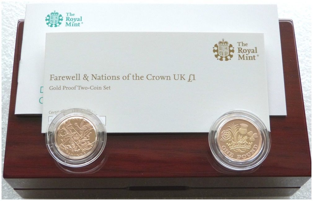 2017 - 2016 Farewell and Nations of the Crown £1 Gold Proof 2 Coin Set Box Coa - Mintage 100 2017 - 2016 Farewell and Nations of the Crown £1 Gold Proof 2 Coin Set Box Coa - Mintage 100