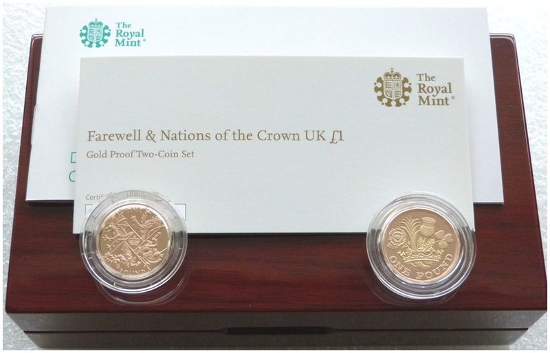 2017 - 2016 Farewell and Nations of the Crown £1 Gold Proof 2 Coin Set Box Coa - Mintage 100 2017 - 2016 Farewell and Nations of the Crown £1 Gold Proof 2 Coin Set Box Coa - Mintage 100