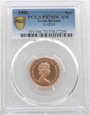 1982 St George and the Dragon Full Sovereign Gold Proof Coin PCGS PR70 DCAM 1982 St George and the Dragon Full Sovereign Gold Proof Coin PCGS PR70 DCAM