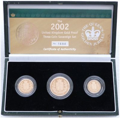 2002 Golden Jubilee Sovereign Gold Proof 3 Coin Set Box Coa