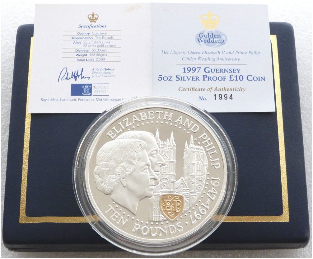 1997 Guernsey Golden Wedding £10 Silver Proof 5oz Coin Box Coa 1997 Guernsey Golden Wedding £10 Silver Proof 5oz Coin Box Coa