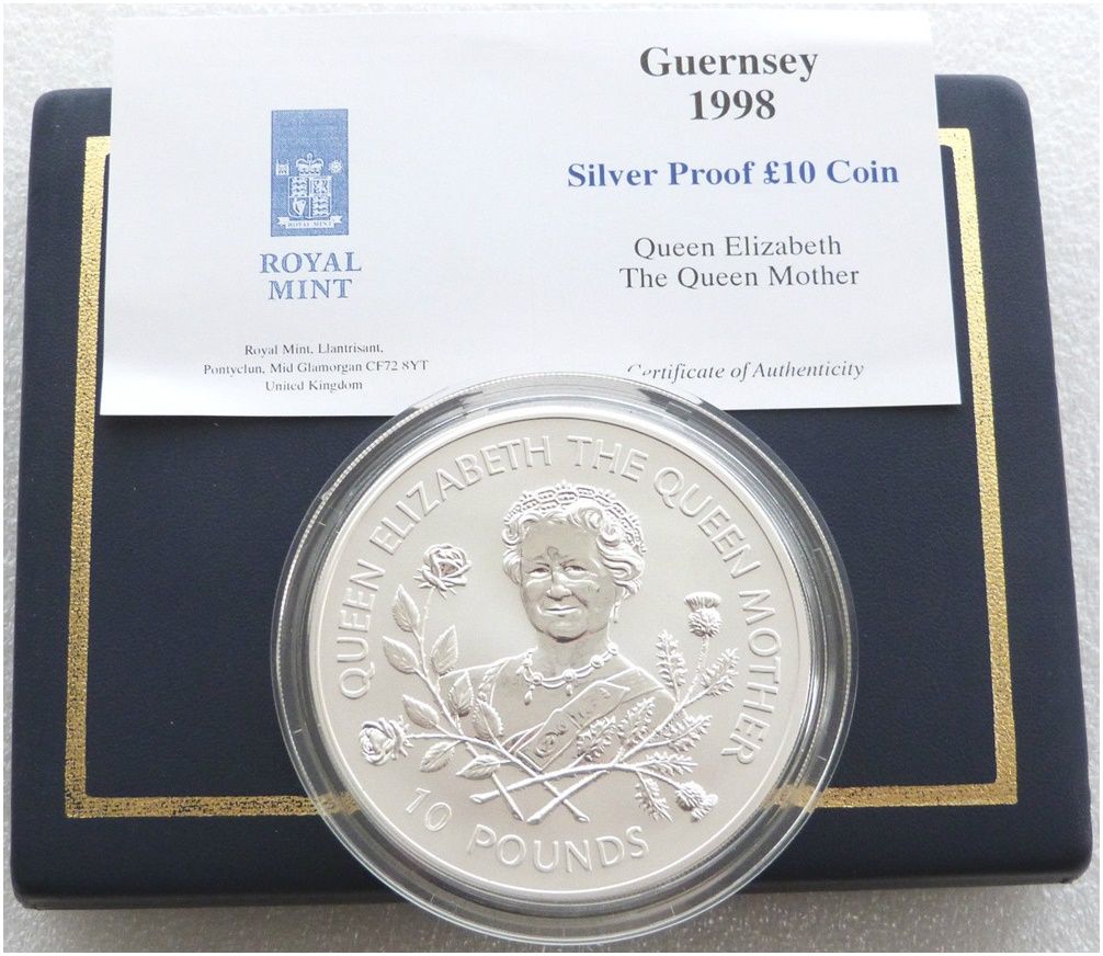 1998 Guernsey Life of Queen Mother £10 Silver Proof 5oz Coin Box Coa