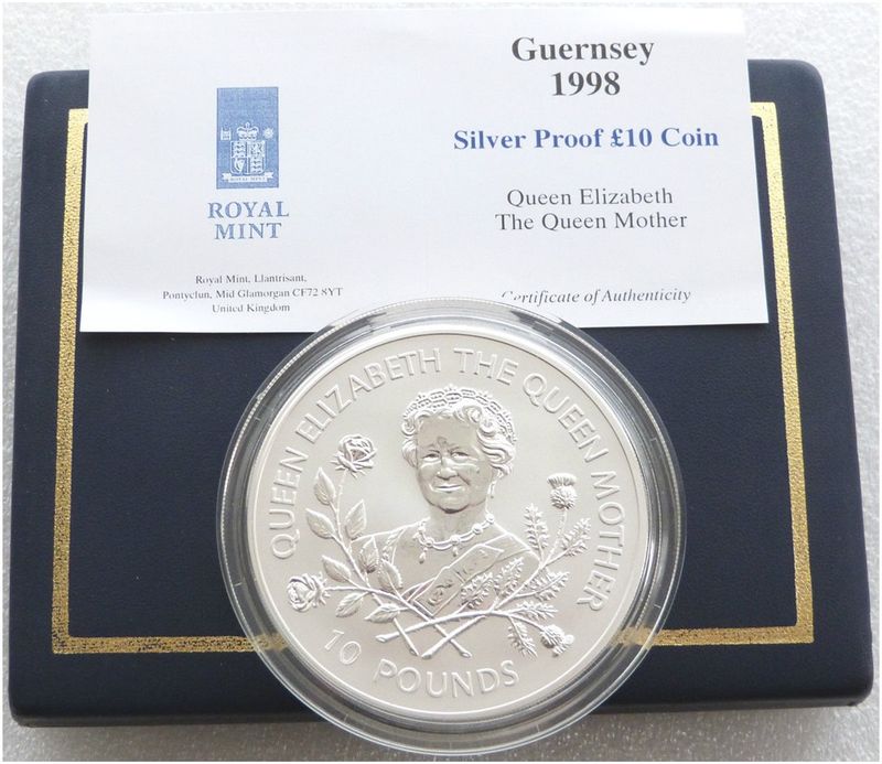 1998 Guernsey Life of Queen Mother £10 Silver Proof 5oz Coin Box Coa 1998 Guernsey Life of Queen Mother £10 Silver Proof 5oz Coin Box Coa