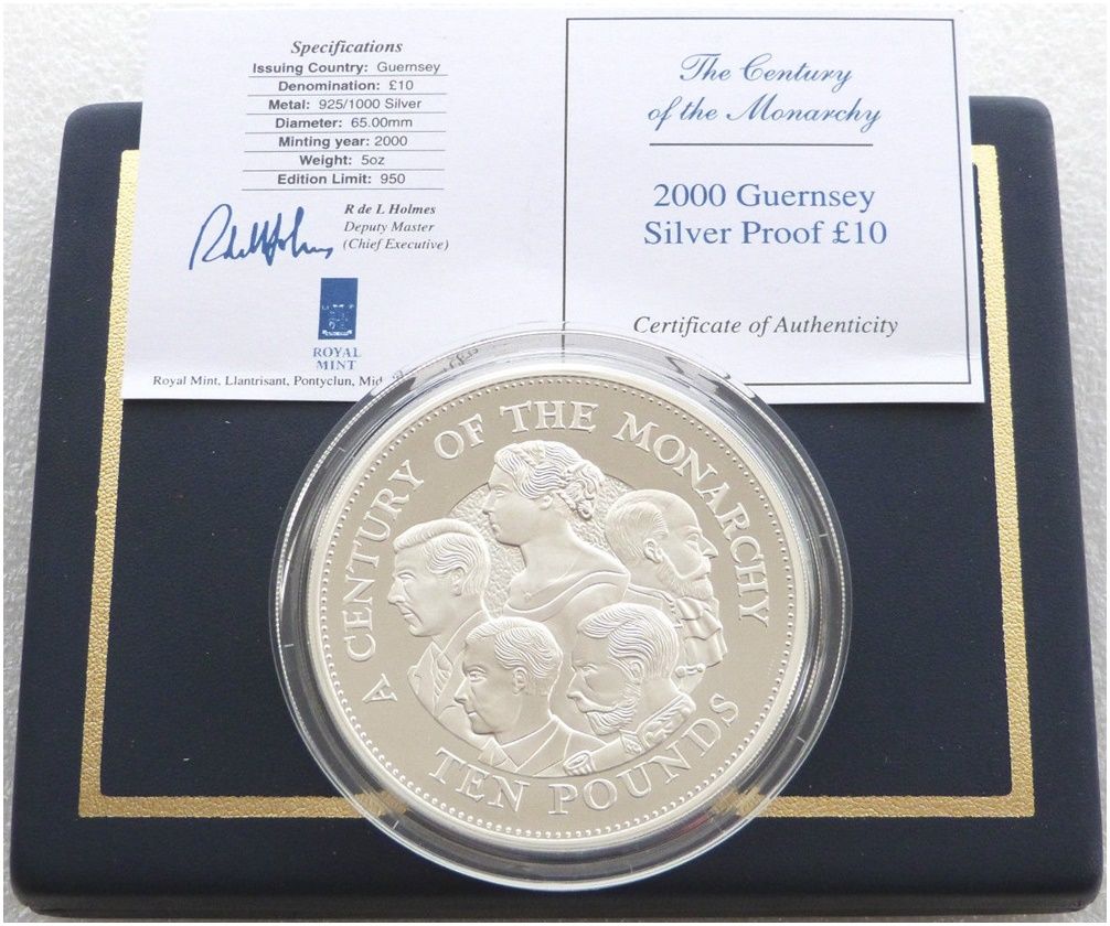 2000 Guernsey Century of the Monarchy £10 Silver Proof 5oz Coin Box Coa 2000 Guernsey Century of the Monarchy £10 Silver Proof 5oz Coin Box Coa