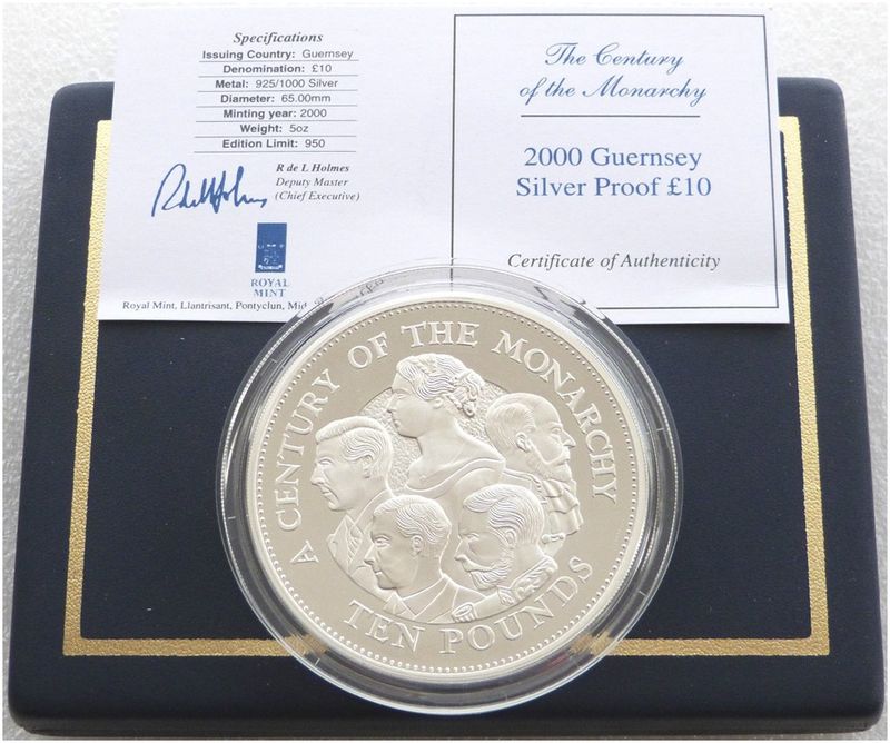 2000 Guernsey Century of the Monarchy £10 Silver Proof 5oz Coin Box Coa 2000 Guernsey Century of the Monarchy £10 Silver Proof 5oz Coin Box Coa