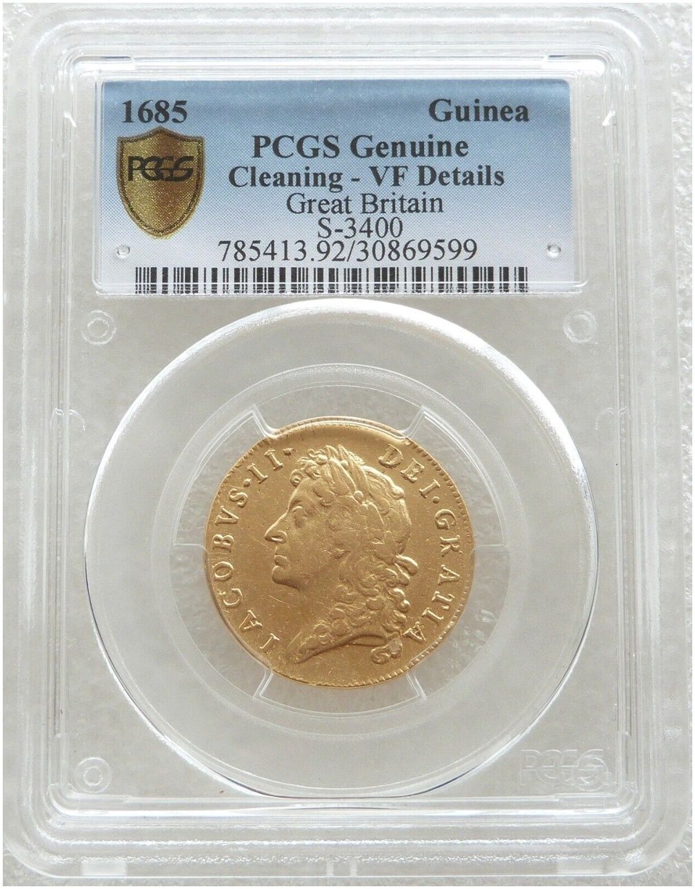 1685 James II First Laur Head Full Guinea Gold Coin PCGS VF Details 1685 James II First Laur Head Full Guinea Gold Coin PCGS VF Details