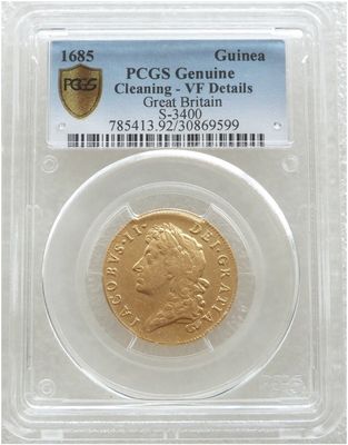 1685 James II First Laur Head Full Guinea Gold Coin PCGS VF Details 1685 James II First Laur Head Full Guinea Gold Coin PCGS VF Details