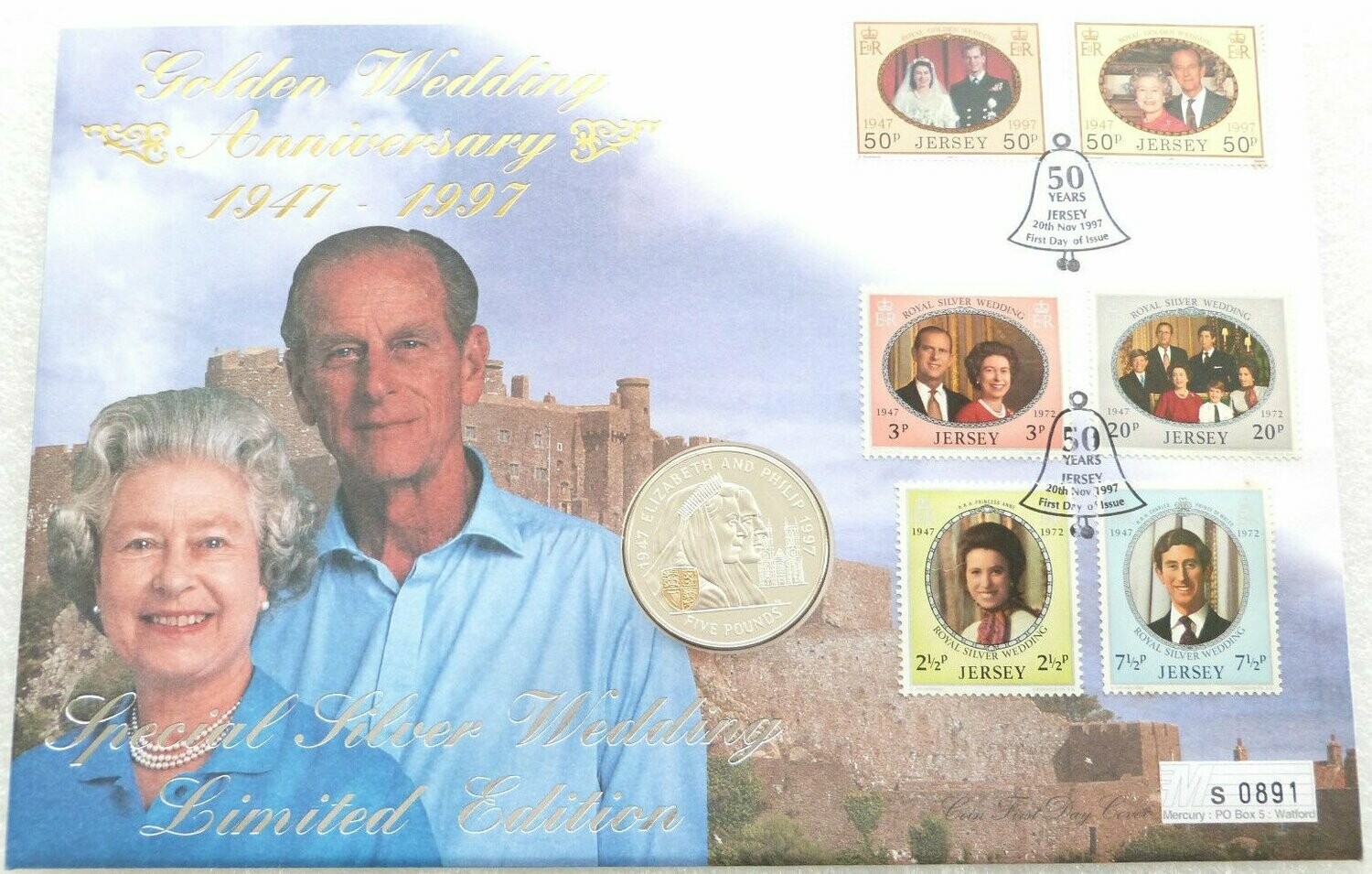 1997 Jersey Golden Wedding £5 Silver Proof Coin First Day Cover 1997 Jersey Golden Wedding £5 Silver Proof Coin First Day Cover