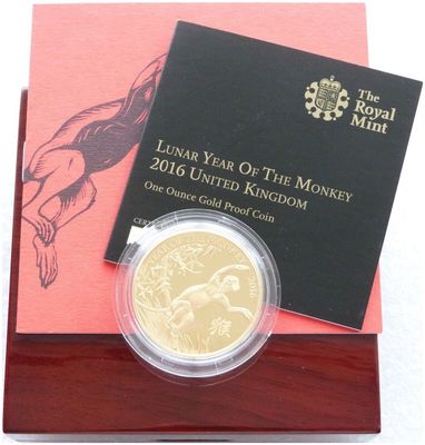 2016 British Lunar Monkey £100 Gold Proof 1oz Coin Box Coa