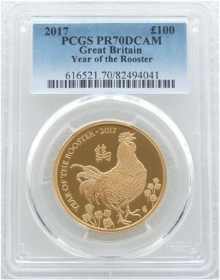 2017 British Lunar Rooster £100 Gold Proof 1oz Coin PCGS PR70 DCAM 2017 British Lunar Rooster £100 Gold Proof 1oz Coin PCGS PR70 DCAM