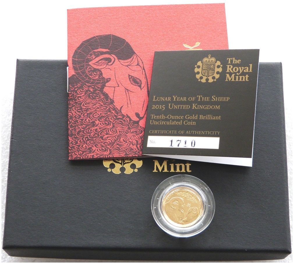 2015 British Lunar Sheep £10 Gold 1/10oz Coin Box Coa - Mintage 922