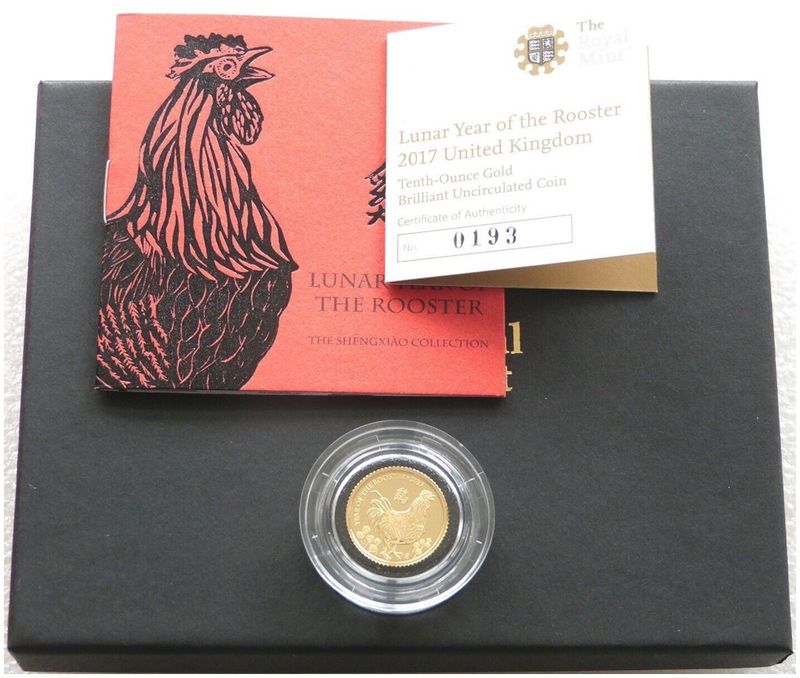 2017 British Lunar Rooster £10 Gold 1/10oz Coin Box Coa - Mintage 980