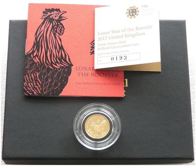 2017 British Lunar Rooster £10 Gold 1/10oz Coin Box Coa - Mintage 980 2017 British Lunar Rooster £10 Gold 1/10oz Coin Box Coa - Mintage 980