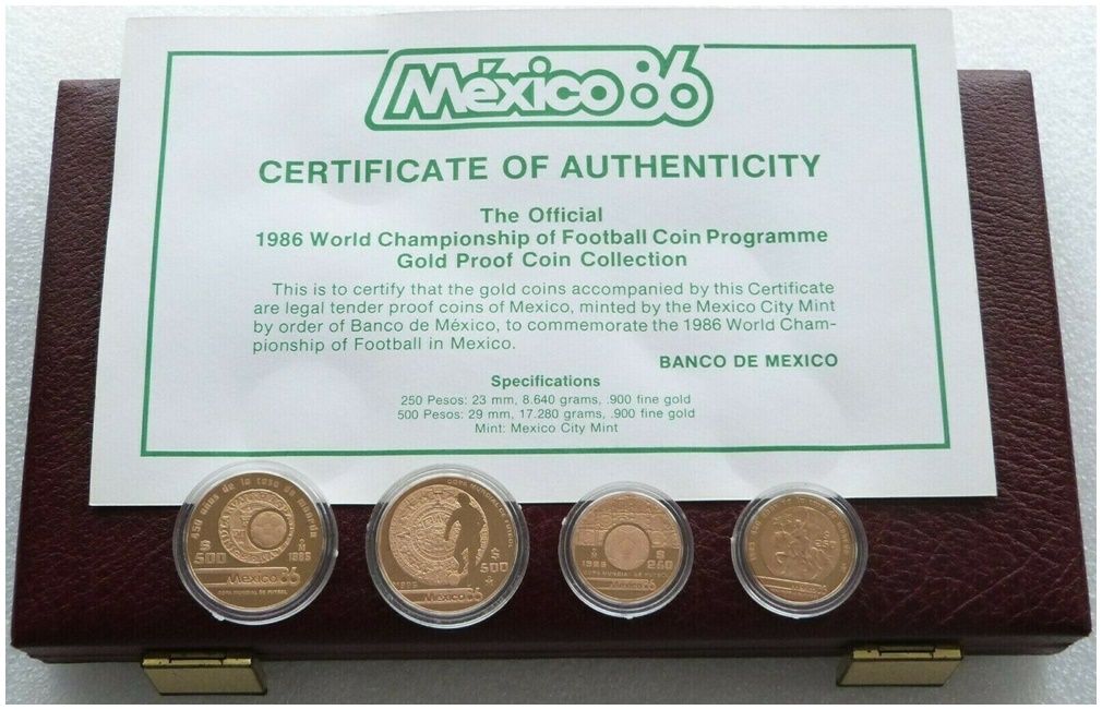 1986 Mexico Football World Cup Gold Proof 4 Coin Set Box Coa 1986 Mexico Football World Cup Gold Proof 4 Coin Set Box Coa