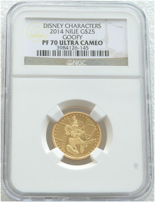 2014 Niue Disney Goofy $25 Gold Proof 1/4oz Coin NGC PF70 UC