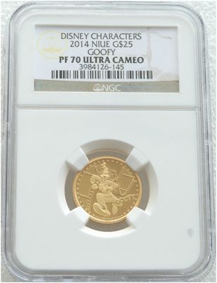 2014 Niue Disney Goofy $25 Gold Proof 1/4oz Coin NGC PF70 UC